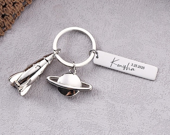 Personalized Space Rocket Keychain, Custom Initial Name KeyChain, Rocket Planet Pendants Key Ring, Space Lovers Gifts For Him / Her