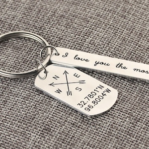 Compass Keychain Latitude Longitude Keychain GPS Coordinate Keychain Personalized Bar Keychain I Love You The Most Dad Gift image 1