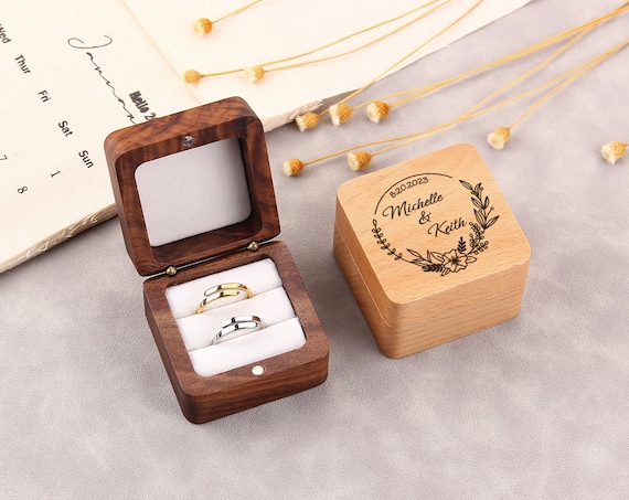 Rustic Engagement Bridal Ring Box Personalized Round Wooden
