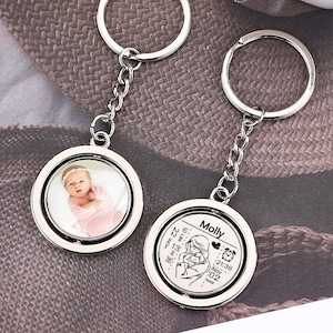 Puede incluir: Llavero de plata con una foto de una niña pequeña en un lado y una inscripción personalizada en el otro. La inscripción incluye el nombre "Molly", la fecha "Nov 02", la hora "21:38" y las palabras "Home is where you are".