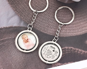 Llavero personalizado con estadísticas de bebé y foto, estadísticas personalizadas, regalo para mamá y papá primerizos, nombre personalizado, fecha de nacimiento, peso, hora y altura.