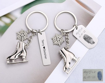 Personalized Ice Skating Keychain, Custom Actual Handwriting Fingerprint Keyring, Ice Skating Keyring, Ice Skater Gift, Memorial Keyring