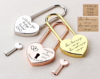 Serrure d'amour dorée personnalisée avec écriture Actaul, cadenas d'amour en forme de coeur, cadenas gravé personnalisé, cadeau de mariage, cadenas d'amour pour la Saint-Valentin