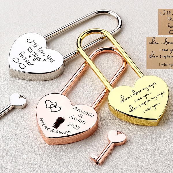 Personalized Gold Love Lock with Actaul Handwriting, Heart Shape Love Lock, Custom Engraved Padlock, Wedding Gift, Valentine's Day Love Lock