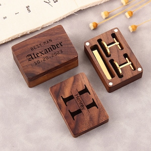 Personalized Cufflinks Box, Engraved Wooden Cuff links Box, Groomsman Cuff Links & Tie Clip Set, Christmas, Wedding,  Anniversary Gift