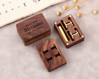 Personalized Cufflinks Box, Engraved Wooden Cuff links Box, Groomsman Cuff Links & Tie Clip Set, Christmas, Wedding,  Anniversary Gift