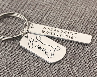 Latitude Longitude Keychain - GPS Coordinate Keychain -  Long Distance - State or Country - Custom Engraved Keychain -Valentine's DayGift