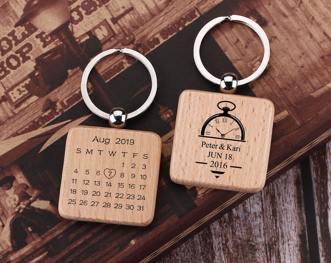 Engraved Calendar Keychain, Personalized Wood Keychain, Engraved
