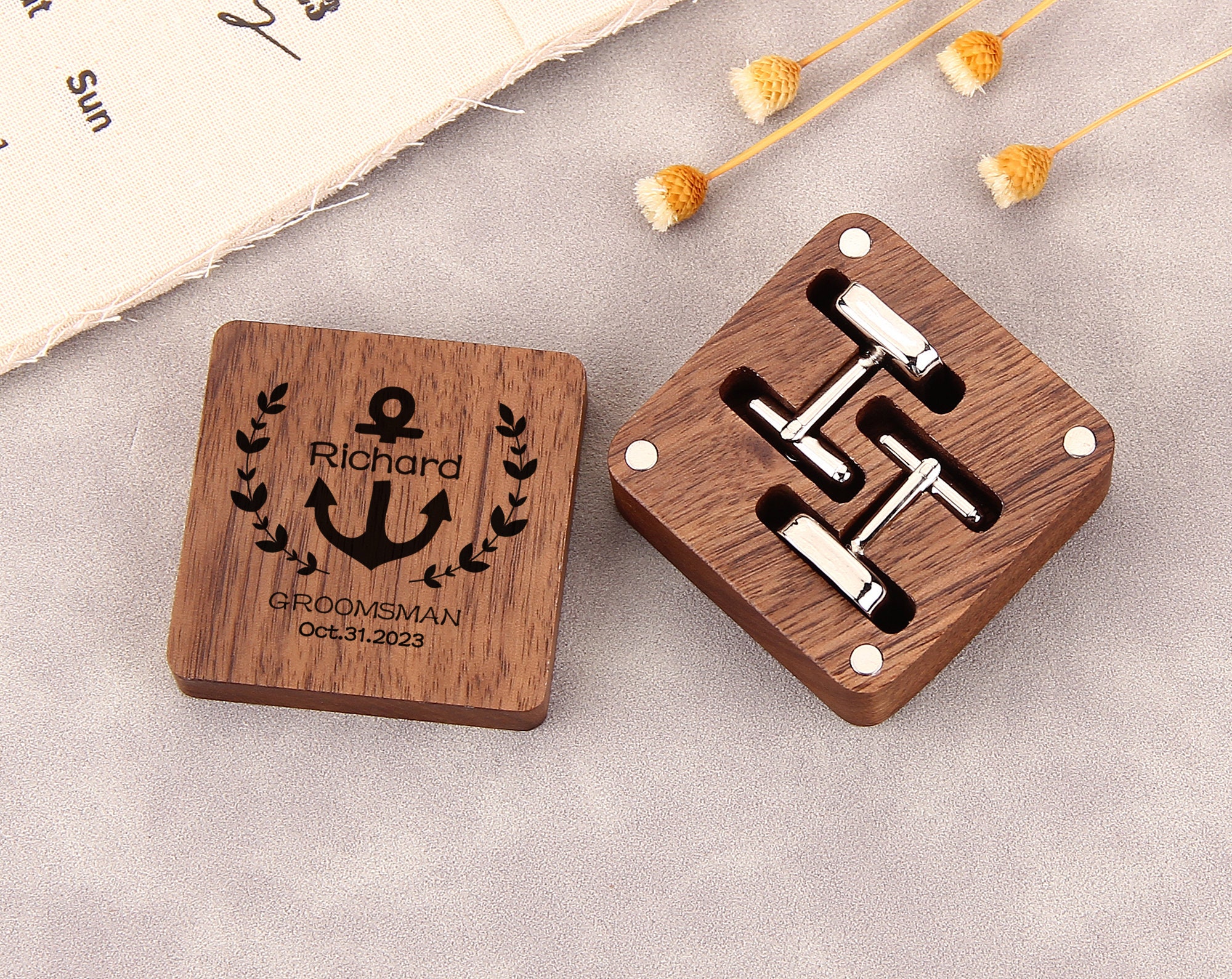 Personalized Cufflinks Box, Engraved Wooden Cuff Links Box, Anniversary ...