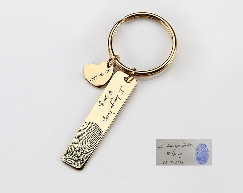 Your Handwritten Keychain, Your Design, Fingerprint Keychain, Personalized Handwriting Key ring, Engraved Rectangle Key Chain image 1
