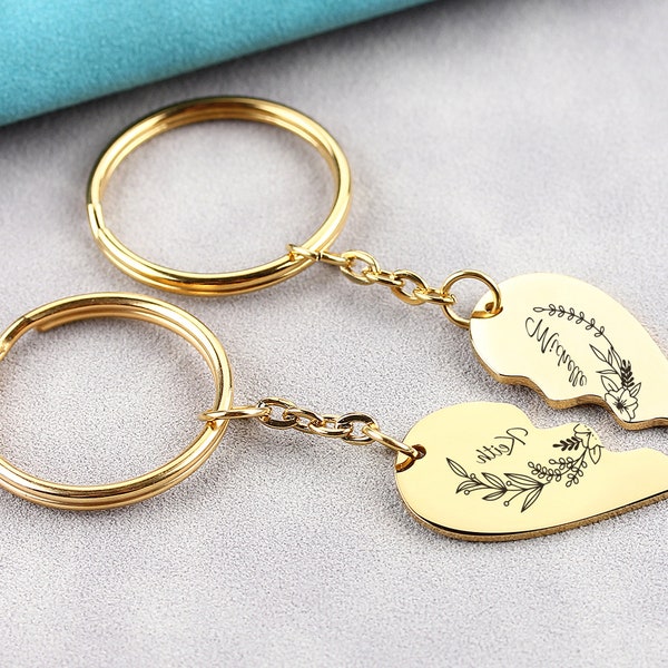 Couple Keychains Custom Birthstone Couple Keychain Set 2pcs Heart Matching Keychain Engraved Couple Names Keyring Valentine's Day Gift For Him Her Matching Keychains For Couples