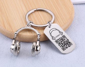 PersonalizedHeadphone Keychain with QR Code, Custom Music Fan keyring, Music Lover Gift, Anniversary Gift, Weeding Gift, Musician Gift