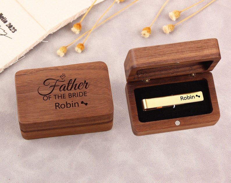 Custom Tie Clips, Personalized Handwriting Tie Clips, Wood box for tie bar, Groom or Groomsmen Gifts, Christmas gift, jewelry wooden box image 1