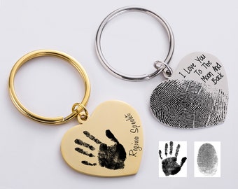 Actual Fingerprint Keycahin, Engraved Fingerprint Handwriting Jewelry,Custom Heart Charm, Memorial Fingerprint Keyring, Handwriting Keychain