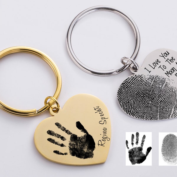 Actual Fingerprint Keycahin, Engraved Fingerprint Handwriting Jewelry,Custom Heart Charm, Memorial Fingerprint Keyring, Handwriting Keychain