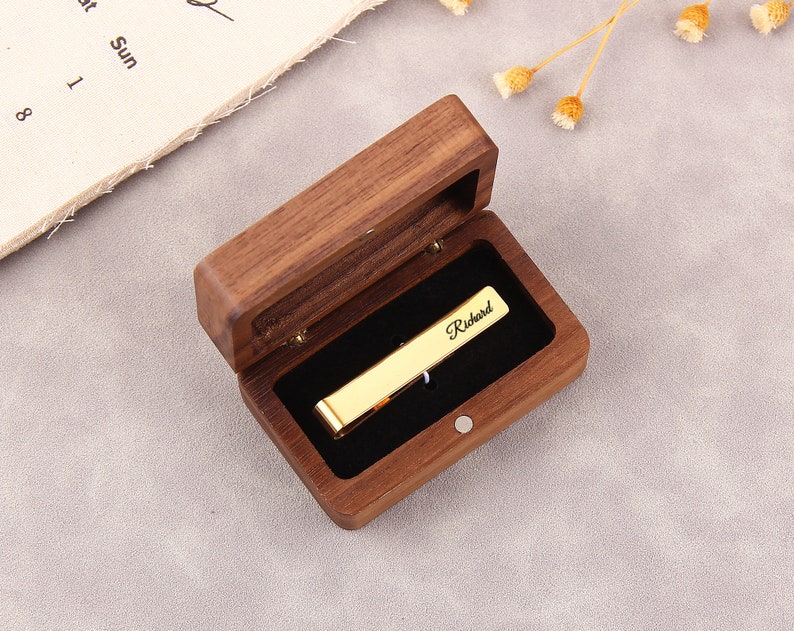 Custom Tie Clips, Personalized Handwriting Tie Clips, Wood box for tie bar, Groom or Groomsmen Gifts, Christmas gift, jewelry wooden box image 3