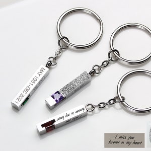Fingerprint Cremation Urn Birthstone Keychain, Personalized Handwriting Initial Name Memorial Bar Keyring for Human or Pets Ashes Keepsake