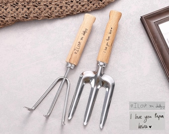Personalised Garden Tool Set of 4,  Engraving Garden Tool with Actual Handwriting, Small Gardening Kit for Adults or Kids, Father's day gift