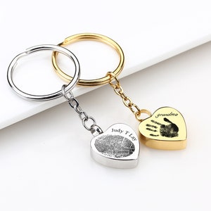 Cremation Urn Keycahin, Urn Keychain, Gold Heart Urn, Personalized Actual Handwriting Fingerprint Cremation Key Chain, Memorial Jewelry