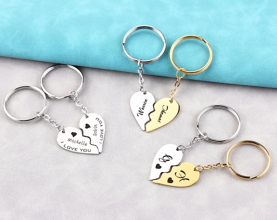 Custom 2PCS Matching Couple Heart Keychain Set, Wedding Date