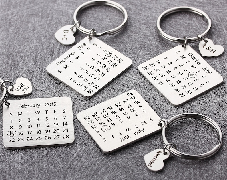 Personalized Calendar Keychain Hand Stamped Calendar Special Day Calendar Anniversary, Wedding, Brithday-Valentine's Day Gift image 4