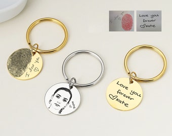 Actual Fingerprint Handwriting Keychain, Real Picture Keychain in Gold, Silver, Memorial Thumbprint Keyring, Handwritten Keychain