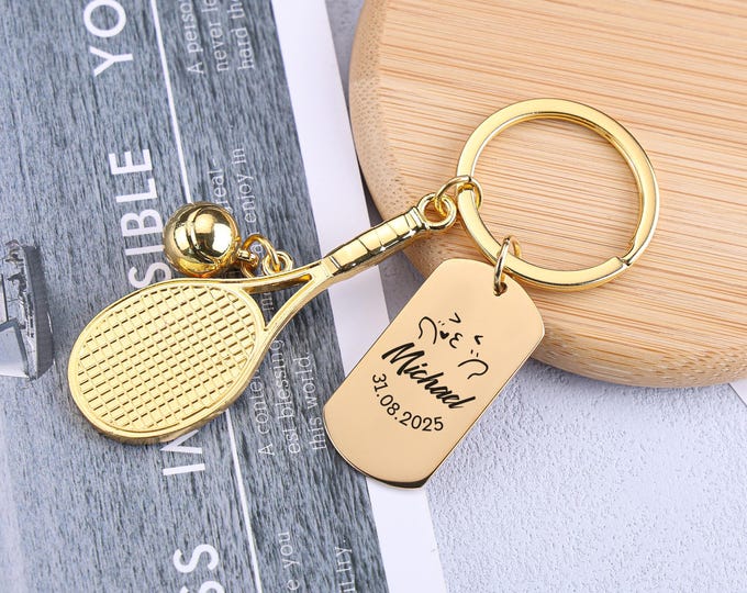 Personalized Tennis Ball Key Chain, Mini Name Tennis Racket Key Rings, Sports Gift for Women Men, Custom Gift for Players, Coaches & Fans