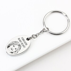 May include: A silver-colored keychain with an oval pendant. The pendant features a portrait and the text "FOREVERE IN MY HEART". The keychain includes a chain and a large ring for keys.