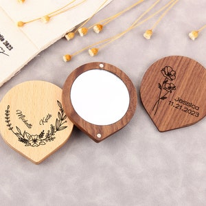 Espejo de madera pequeño personalizado, espejo de bolsillo con flor de nacimiento, espejo de maquillaje, regalo grabado con nombre o logotipo personalizado, espejo de dama de honor personalizado