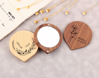 Petit miroir en bois personnalisé, miroir de poche pour fleurs de naissance, miroir de maquillage, cadeau gravé avec nom/logo personnalisé, miroir pour demoiselles d'honneur personnalisé