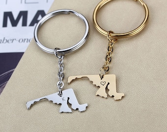 Gold MD State Shaped Keychain, Maryland State Key chain,MD State Charm Keyring, Personalized MD Keychain, Custom State Hometown Gift