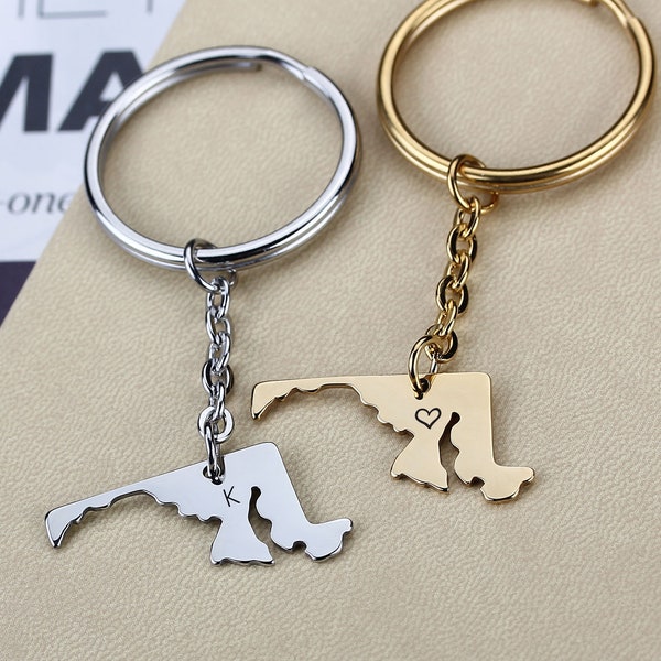 Gold MD State Shaped Keychain, Maryland State Key chain,MD State Charm Keyring, Personalized MD Keychain, Custom State Hometown Gift