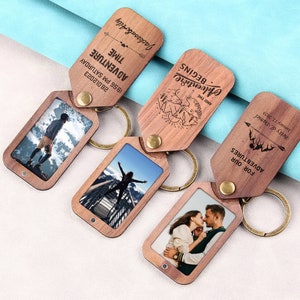 Porte-clés photo personnalisé en bois, Porte-clés Aventure | Porte-clés montagne, Gfit fait main pour petit ami papa Couples porte-clés anniversaire