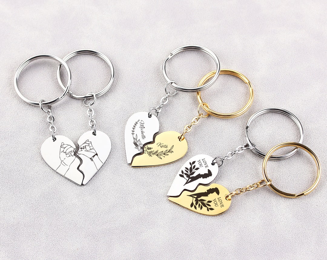 Custom 2PCS Matching Couple Heart Keychain Set, Wedding Date