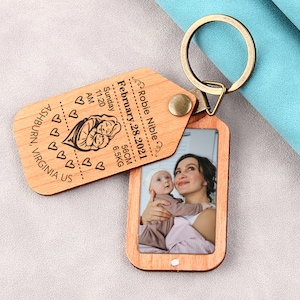 Personalised Photo Wood Keychain, New Mom Keychain, New Mother Keychain, Baby Arrival Gift For Mom, Baby Stats Keychain, New Mommy Keychain