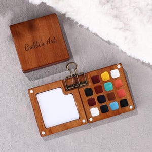Paleta de acuarela de madera personalizada, paleta de pintura portátil de 15 colores, minicaja de pinturas con nombre personalizado, set de acuarela de viaje para artistas.