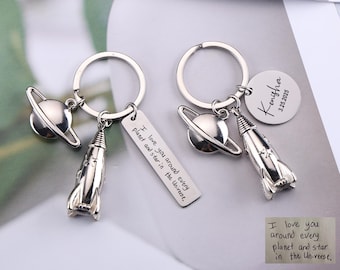 Personalized Actual Handwriting KeyChain, Custom Space Rocket Keychain, Rocket Planet Pendants Key Ring, Space Lovers Gifts For Him / Her