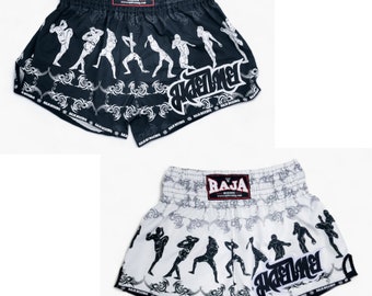 RAJA Unisex Shorts Muay Thai Fancy Kick Boxing Combat Fight Training MMA Grapping Workout Martial Arts Trunks Gym Gift Sport Black White