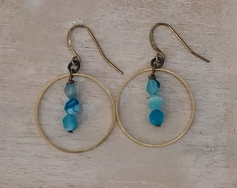 Lightweight Blue Sardonyx Handmade Bronze Hoop Dangle Earrings