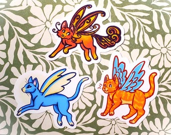 Winged Cat Vinyl Stickers - Magical Cats - Glossy Diecut Stickers