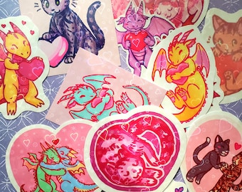 Valentines Stickers: Holographic Hearts Cats and Dragons
