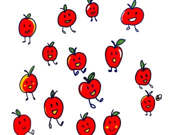 Apple Character Stickers Set: Dancing Fruit, Rosh Hashana, Fall Season