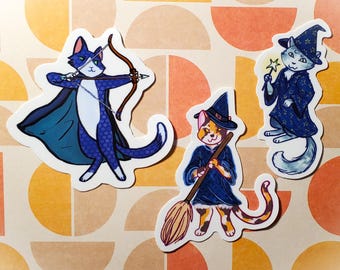 Anthro Cat Character Stickers - Glossy Vinyl Diecut - Witch Wizard Archer Cats