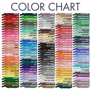 May include: Color chart with a wide array of fabric colors, each labeled with a name. The chart includes shades of red, green, blue, yellow, and more, with the text "COLOR CHART" at the top.