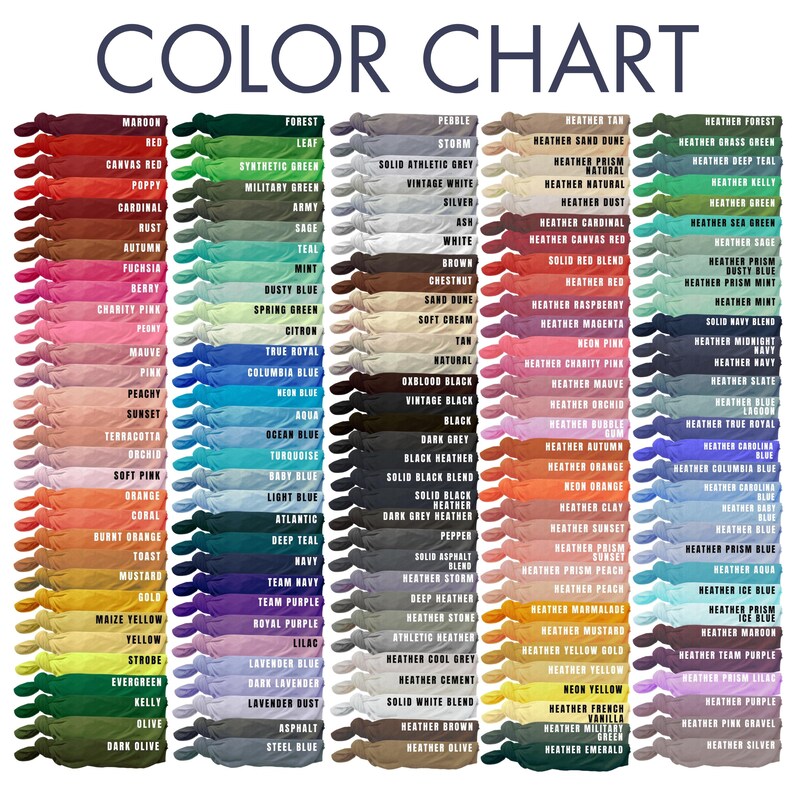 May include: Color chart with a wide array of fabric colors, each labeled with a name. The chart includes shades of red, green, blue, yellow, and more, with the text "COLOR CHART" at the top.