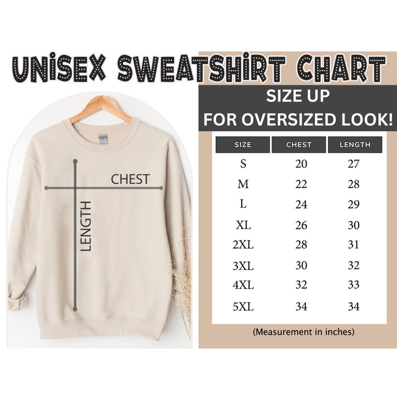 May include: Unisex sweatshirt size chart with measurements in inches for chest and length. The chart shows sizes from S to 5XL.