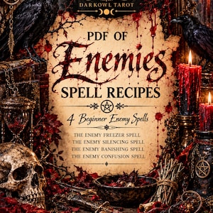 May include: A digital PDF document titled PDF OF ENEMIES SPELL RECIPES featuring text about 4 beginner enemy spells, surrounded by imagery of black ravens, a human skull, red candles, a dagger, and pentagram symbols on parchment.