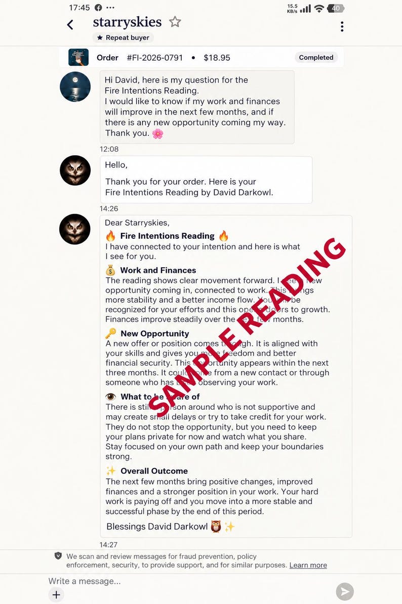 May include: A digital chat interface showing a Fire Intentions Reading by David Darkowl. The text includes sections on Work and Finances, New Opportunity, What to Beware of, and Overall Outcome, with a red diagonal SAMPLE READING watermark.