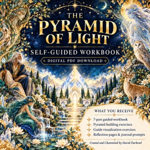 Puede incluir: Un libro de ejercicios digital en PDF titulado The Pyramid of Light, con una pirámide brillante, una cascada, una sirena, una figura barbuda, un ciervo y un búho. El texto incluye What You Receive, 7-part guided workbook, pyramid-building exercises, guide visualization exercises, reflection pages & journal prompts, y Created and Channeled by David Darkowl.