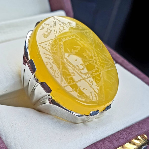 Yellow aqeeq ring for men special amulet seal of Imam Raza carved by a mystic sterling silver 925